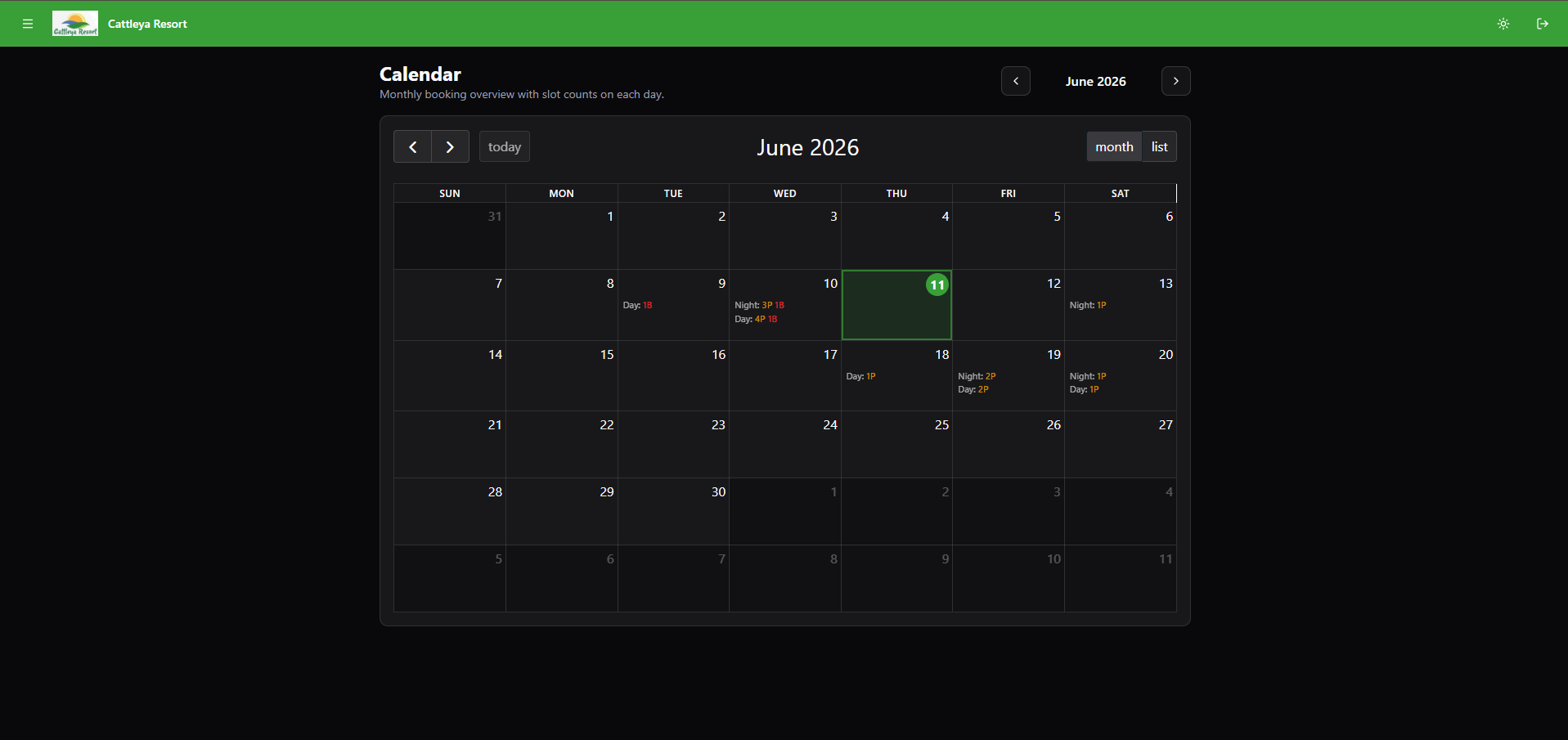 Monthly booking calendar showing slot counts per day